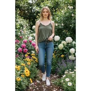 Umgee Olive Green Linen Blend Tie Front Frayed Camisole Tank Top XL TL656121